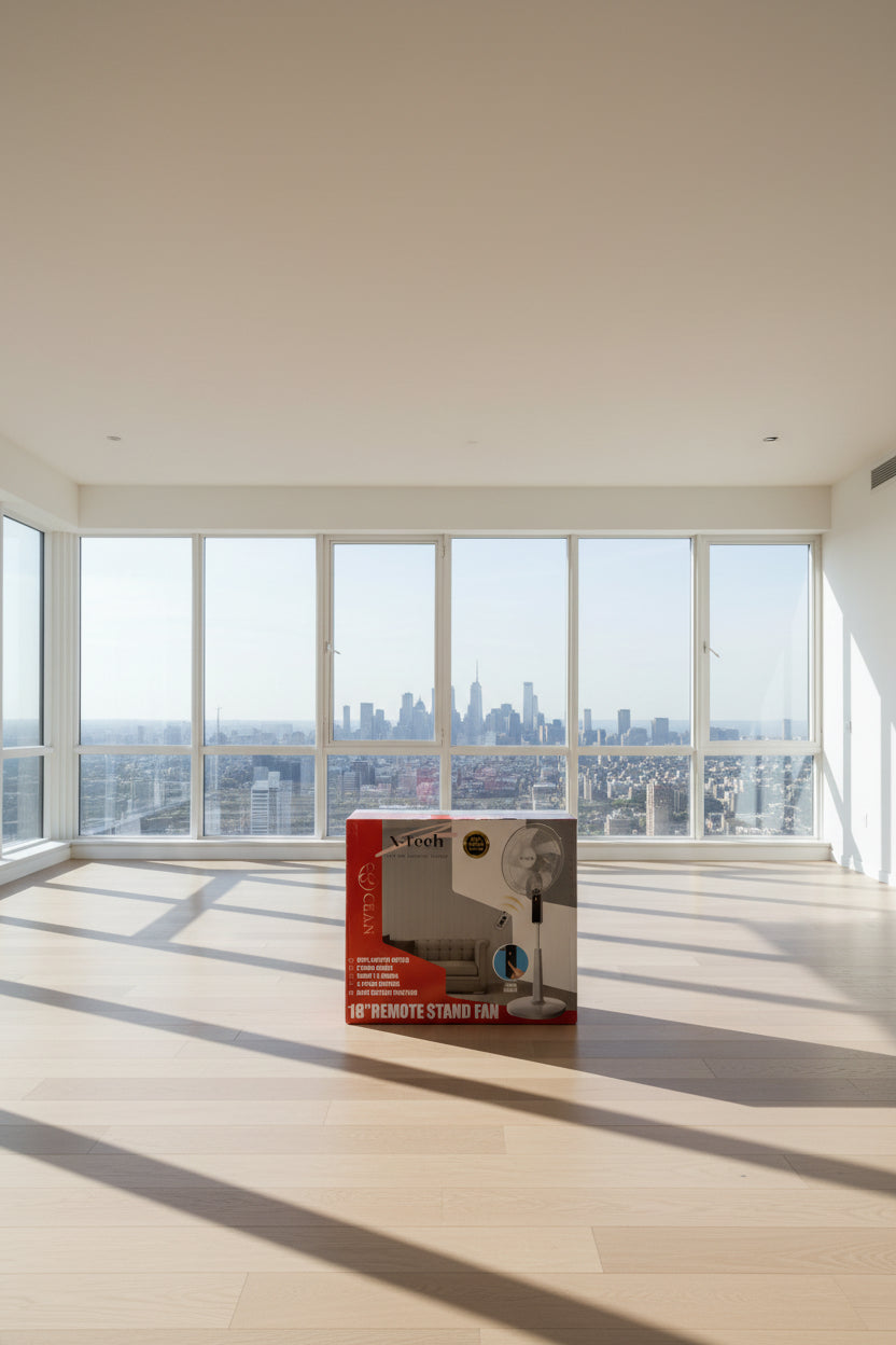 X-Tech 18-inch remote stand fan retail box on a wooden floor, showing the fan, features, and remote control graphic.