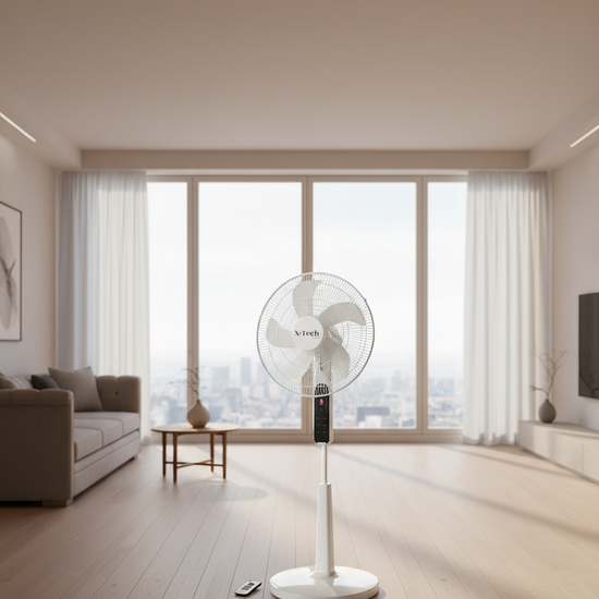 X-Tech 18-inch remote stand fan retail box on a wooden floor, showing the fan, features, and remote control graphic.