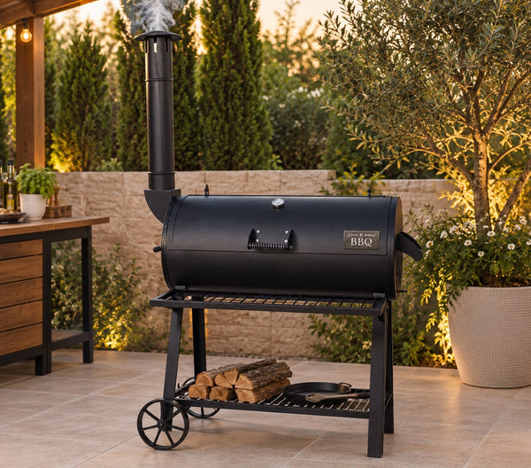 Abou Che3le BBQ Jabal El Sheikh heavy-duty black charcoal and wood smoker grill with chimney on an outdoor patio