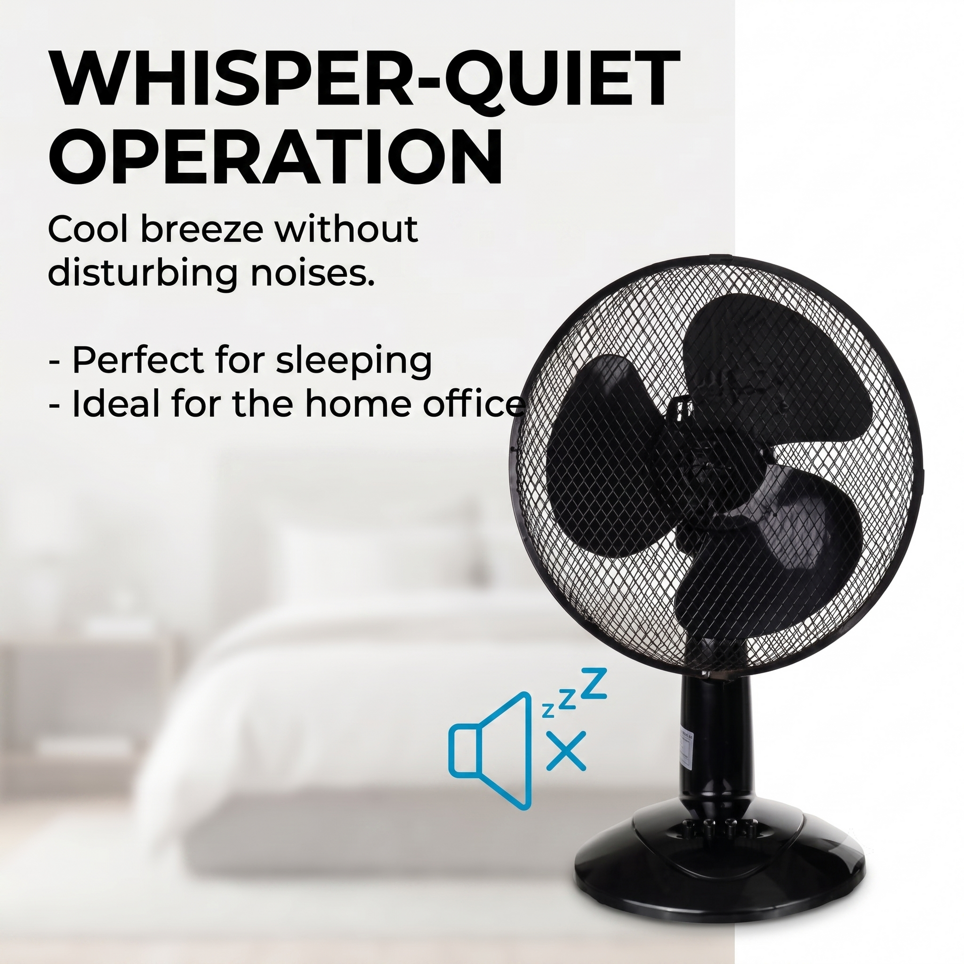 A black pedestal fan shown on a white background with promotional text reading 'WHISPER-QUIET OPERATION' and a blurred bedroom scene in the background. A blue speaker icon with 'zzz x' appears near the base.