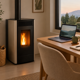 Modern black smart pellet stove with digital computer control panel in a warm living room interior, by Abou Che3le Lebanon